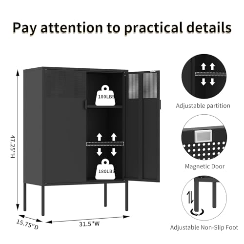 Black Metal Storage Cabinet with 2 Doors - 47''H Locker Cabinet, 3 Tier Locker Door with Adjustable Shelves,Metal Sideboard for Home, Living Room,Office Kitchen and Bathroom