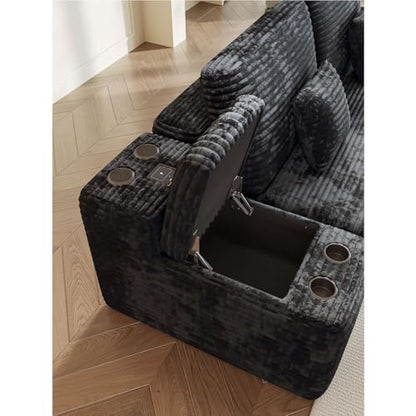 150" U-Shaped Oversized Corduroy Modular Sectional Sofa with 2 Ottomans and Multi Functional Console, 6-Seater Upholstered Couch with USB and 2 Cup Holder, Easy Assembly, for Living Room, Black