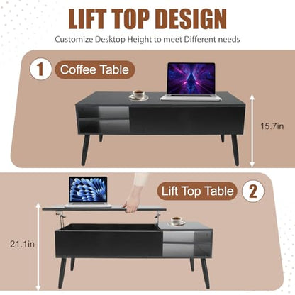 NChanmar Coffee Table for Living Room, Lift Top Coffee Table with Adjustable Storage and Hidden Compartment, Wood Center Table, Living Room Furniture for Home, Office-Black