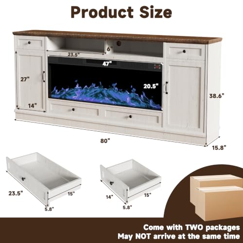 80" Farmhouse TV Stand with 47" Fireplace for up to 98" TV, White, view 3