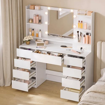 43.3-Inch Vanity Desk with Mirror and Lights, 9 Drawers, view 2