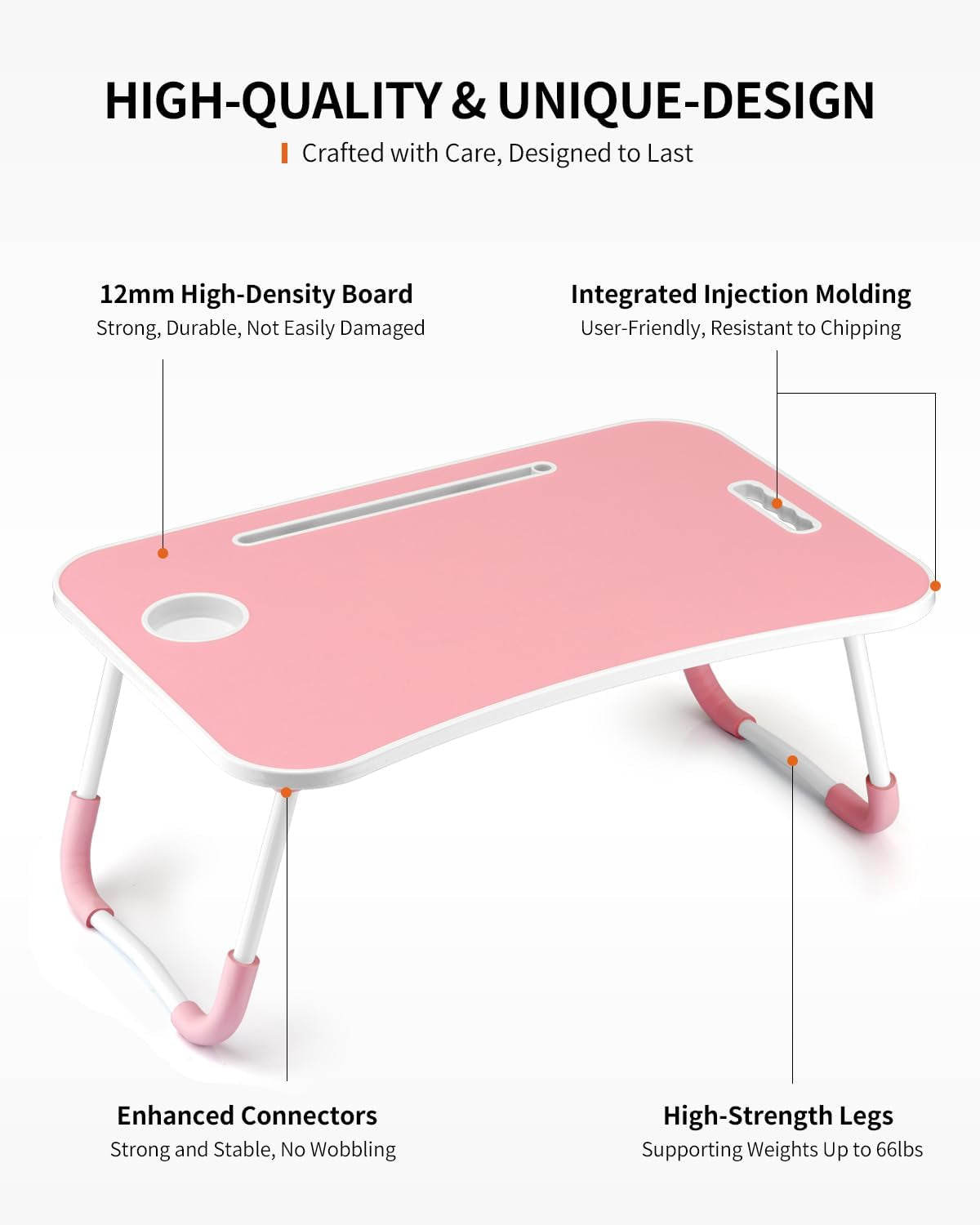 Foldable Laptop Table, Portable Lap Desk Bed Table Tray, Laptop Stand with Cup Holder & Tablet Slot & Lifting Handle for Working Writing Drawing & Eating (Pink)