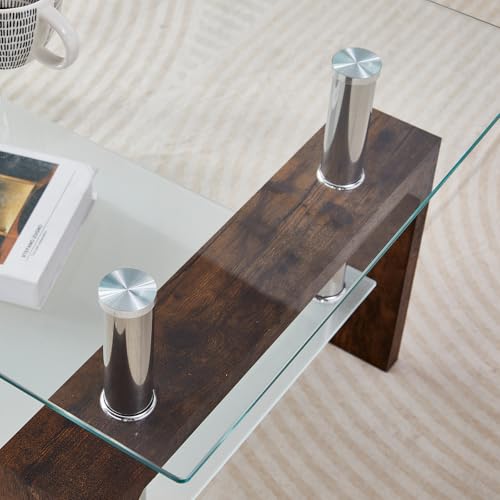 Coffee Table - Rectangle Glass Coffee Table with Simple and Classical Inspired Design, Easy Assembly for Modern Living, 39.5 * 23.5 * 17.5 inches (Brown)
