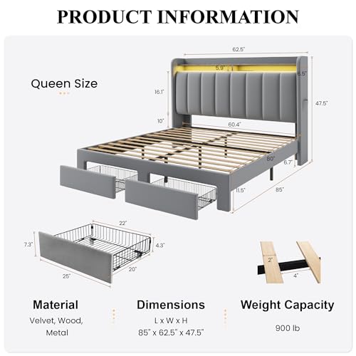 Velvet Queen Bed Frame with Vertical Channel Tufted Wingback Headboard & 2 Storage Drawers/2-Tier Shelves with LED Lights & Charging Station/Noise-Free/No Box Spring Needed/Light Grey