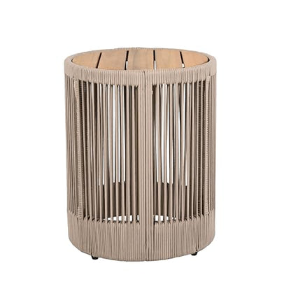 Outdoor Rattan Rope & Acacia Wood Side Table – Patio Balcony Furniture for Garden, Yard, or Indoor Use | 15” Round Top | Modern & Rustic Decor, Nightstand, End Table, or Entryway Accent (Teak+ Beige)