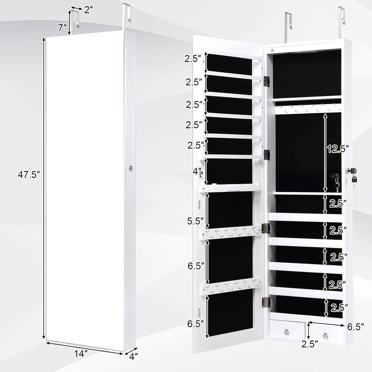 Wall Mounted Jewelry Armoire with Full Length Mirror & 2 LED Lights, Large Storage Capacity, Lockable Mirror Jewelry Cabinet for Women Girls (White)