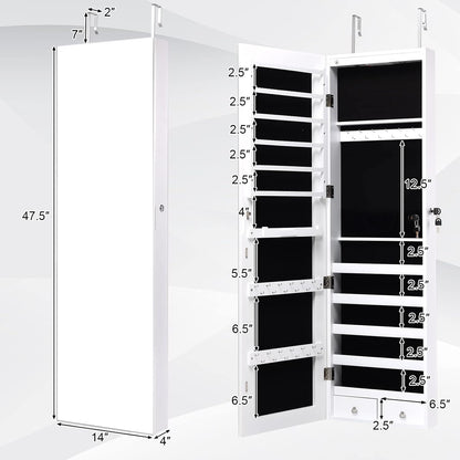 Wall Mounted Jewelry Armoire with Full Length Mirror & 2 LED Lights, Large Storage Capacity, Lockable Mirror Jewelry Cabinet for Women Girls (White)