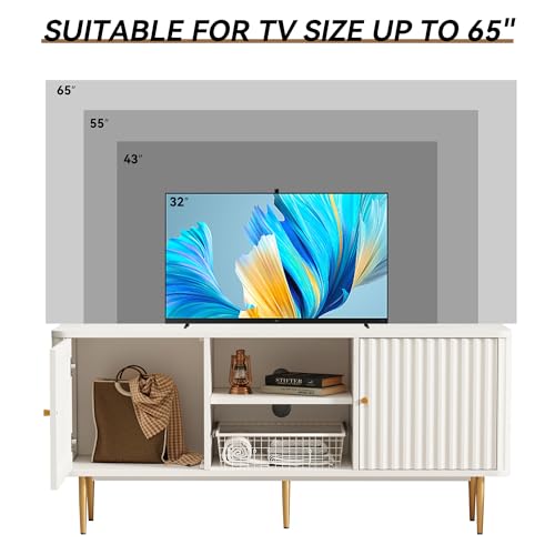 55” Fluted TV Stand, Mid Century Modern White TV Stand for 55/60/65 inch TV, Entertainment Center with Storage, Television Stands, TV Console, Media Console for Living Room, Bedroom