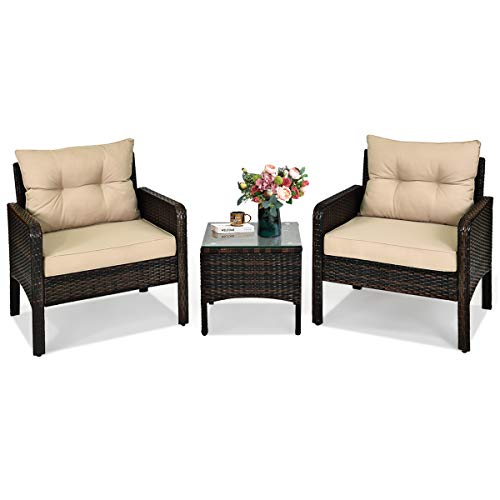 3 Pieces Patio Furniture Set, Outdoor Rattan Wicker Conversation Set with Coffee Table & Cushions, Patio Sofa Set for Garden Balcony Backyard Poolside
