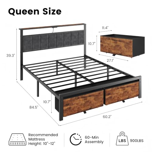 Queen Size Bed Frame with Upholstered Headboard and 2 Fabric Drawers, view 3