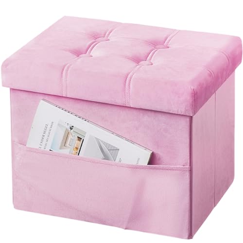 Storage Ottoman Foot Stool, 17 inches Folding Ottoman with Storages, Velvet Storage Bench with Side Pocket, Foot Rest for Living Room, Bedroom (Pink)