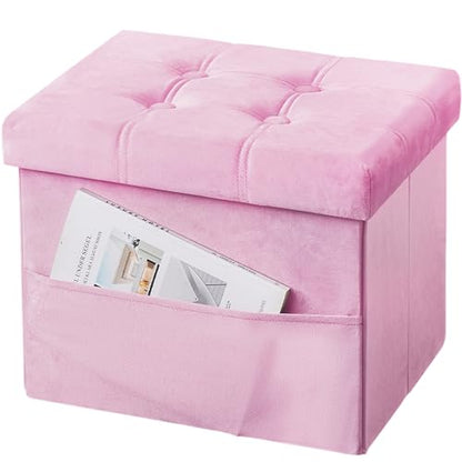 Storage Ottoman Foot Stool, 17 inches Folding Ottoman with Storages, Velvet Storage Bench with Side Pocket, Foot Rest for Living Room, Bedroom (Pink)