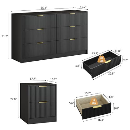 3-Piece Modern Bedroom Furniture Set, Wide 6-Drawer Dresser & 2-Drawer Nightstands Set of 2, Natural Wood Dresser and Nightstand Sets for Bedroom, Hallway, Black
