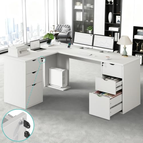 66" L Shaped Desk with 6 Lockable Drawers, White Corner Executive Desk, view 2
