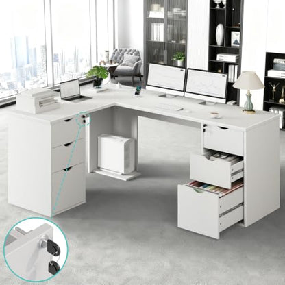 66" L Shaped Desk with 6 Lockable Drawers, White Corner Executive Desk, view 2
