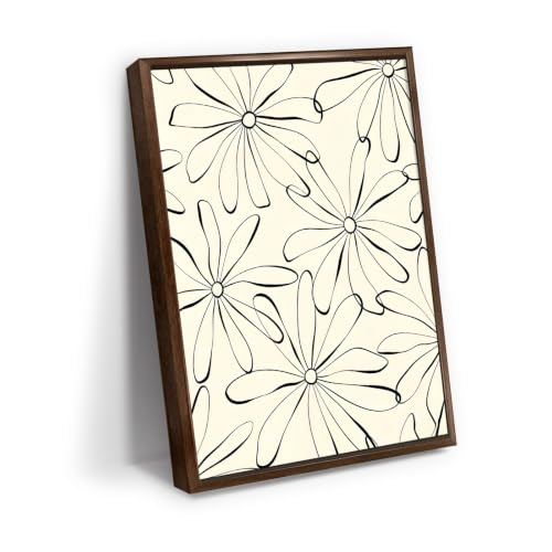 Black Line Daisy Flower Pattern Wall Art Canvas Print, minimal floral line art artwork in black and cream for bedroom, bedroom, office, apartment, modern farmhouse, and(20x30Inch,Dark Walnut Framed