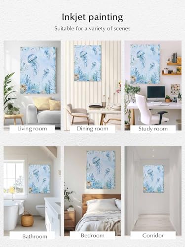 NuYeBiofx Summer Marine Life Jellyfish Canvas Wall Art Prints,30"x20" Framed Picture Artwork Coastal Starfish Corals Printed Canvas Oil Painting for Living Room Bedroom Office,Ready to Hang