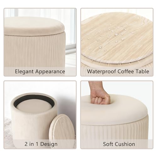 Set of 2 Round Ottoman with Storage, Upholstered Vanity Stool Support 330lbs Multifunctional Coffee Table Ottoman Velvet Foot Rest Stool or Living Room Bedroom Dorm (Beige)