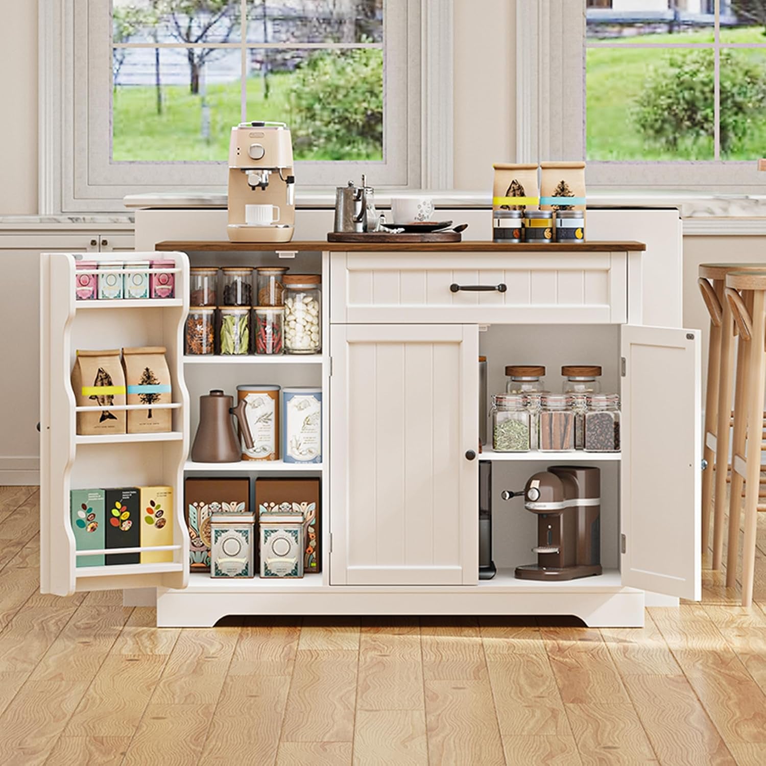 Kitchen Coffee Bar Cabinet with Storage Kitchen Sideboard Buffet Cabinet with Drawers, Short Pantry with Door and Shelves for Bathroom and Living Room, White and Rustic