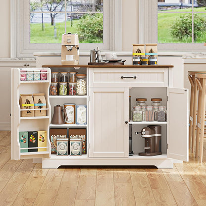 Kitchen Coffee Bar Cabinet with Storage Kitchen Sideboard Buffet Cabinet with Drawers, Short Pantry with Door and Shelves for Bathroom and Living Room, White and Rustic