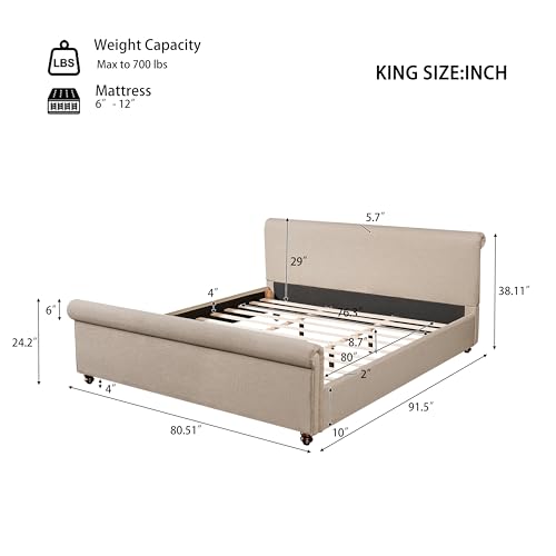 King Size Upholstered Bed Frame with Linen Fabric, view 3