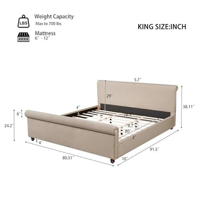 King Size Upholstered Bed Frame with Linen Fabric, view 3