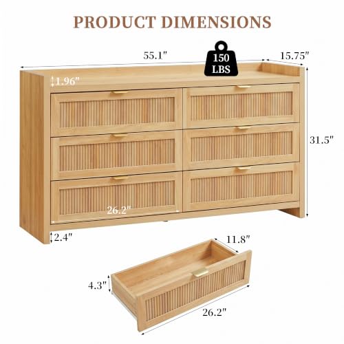 55" Farmhouse Fluted 6 Drawers Dresser for Bedroom, view 3