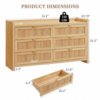55" Farmhouse Fluted 6 Drawers Dresser for Bedroom, view 3