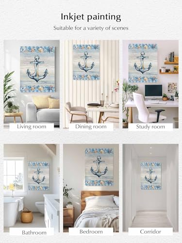 NuYeBiofx Nautical Anchor Starfish Shell Conch Canvas Wall Art Prints,48"x32" Framed Picture Artwork Ocean Blue Checkered Printed Canvas Oil Painting for Living Room Bedroom Office,Ready to Hang