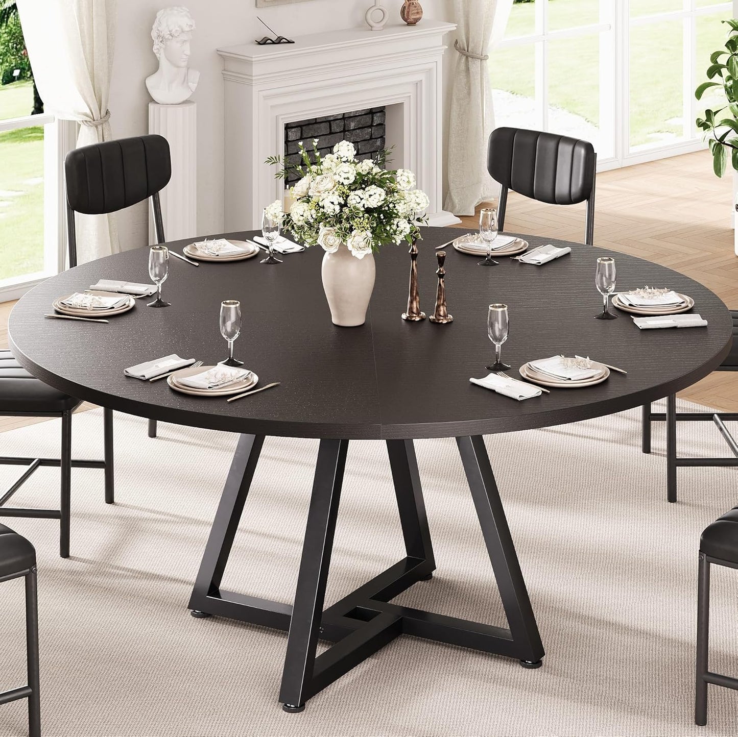 51“ round Kitchen Dining Room Table for 6-8, Circle Dining Dinner Table with Pedestal Metal Frame, Space Saving Wood Industrial Furniture for Small Space (Black, 51In)