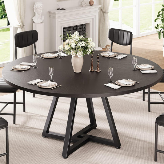 51“ round Kitchen Dining Room Table for 6-8, Circle Dining Dinner Table with Pedestal Metal Frame, Space Saving Wood Industrial Furniture for Small Space (Black, 51In)