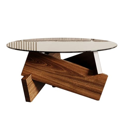 Modern Round Coffee Table, 30.7" x 30.7" x 16.1" Tempered Glass Top for Living Room, Color: Walnut