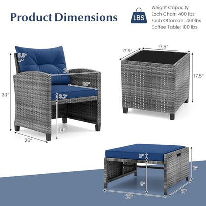 5 Pieces Patio Conversation Set, PE Wicker Rattan Outdoor Furniture Set with 2 Chairs, 2 Ottomans & Tempered Glass Coffee Table, Ideal for Poolside, Backyard, Lawn, Deck, Mix Grey & Navy