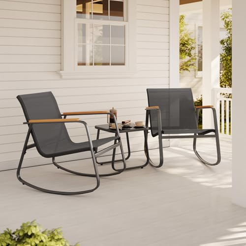 3 Piece Rocking Bistro Set, Textilene Fabric Patio Furniture Set, Front Porch Rocker Chairs with Coffee Table for Lawn, Garden, Balcony, Poolside (Black)