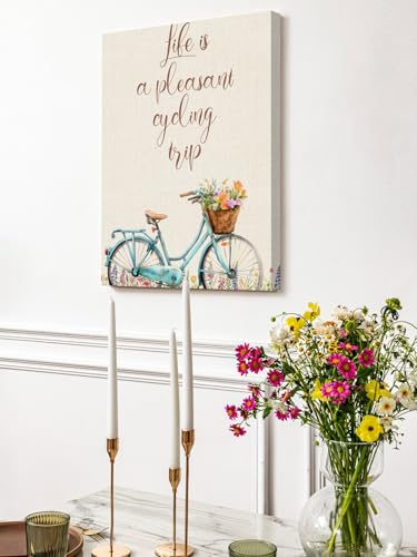 NuYeBiofx Life Is An Enjoyable Cycling Trip Canvas Wall Art Prints,30"x20" Framed Picture Artwork Bike Flowers Printed Canvas Oil Painting for Living Room Bedroom Office,Ready to Hang
