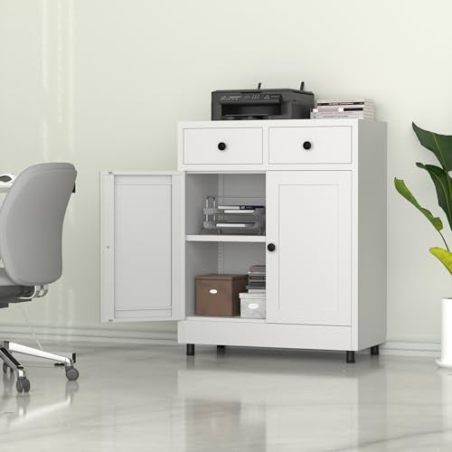 Metal Storage Cabinet with 2 Drawers and Adjustable Shelf, Sideboard Buffet Cabinet for Home, Office, Hallway, Entryway, Living Room, Kitchen Pantry and Dining Room (White)