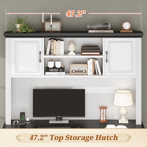 Farmhouse Computer Desk with Hutch and 3 Drawers, 47.2" Executive Office Desk with Storage Drawers, Wood Desk with Power Outlet for Home Office, White