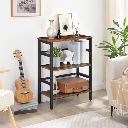 3 Tier Bookshelf, 23.6" L Industrial Bookcase, Record Storage Rack with Side Fence, Storage Shelf with Metal Frame, Rustic Open Display Shelf for Living Room, Bedroom, Rustic Brown BF86CJ01G1
