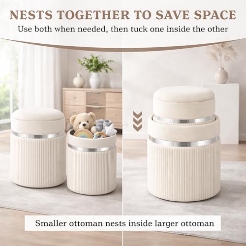 Round Storage Ottoman Set of 2 - White Ottoman with Storage for Living Room - Velvet Vanity Stool and Footrest - Round Nesting Ottoman Stools for Bedroom Makeup Area - Hidden Storage