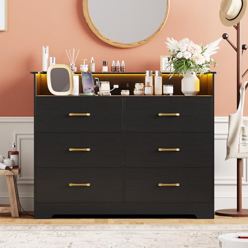 6 Drawer Dresser with LED Light and Charging Station, Black, view 4