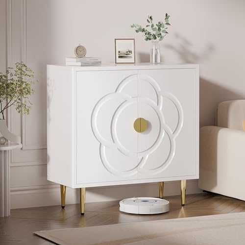 Storage Cabinet, Modern Cabinet with Decorative Flower Pattern Doors, Accent Sideboard Buffet Cabinet for Hallway, Living Room, Kitchen, White