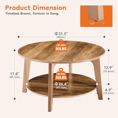 Round Coffee Table, 32'' Wood Coffee Tables for Living Room with Storage, 2-Tier Center Circle Counter with Wooded Desktop, 50 lbs Capacity, Anti-Slip Feet, Modern Farmhouse Design, Brown