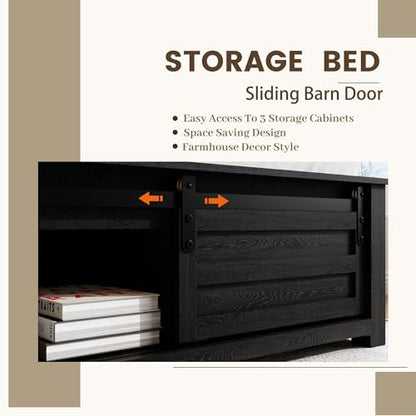 Wooden Queen Bed Frame with Headboard, Farmhouse Storage, Barn Door, view 5