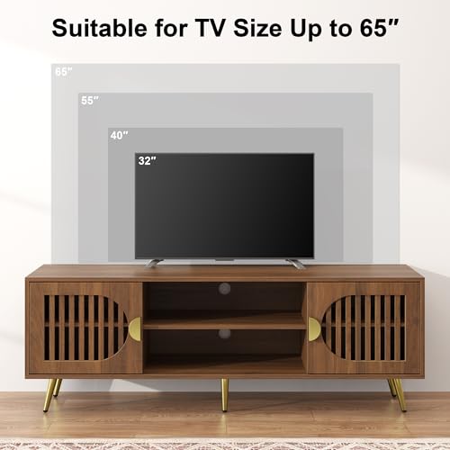 Walnut 55" TV Stand for TVs up to 65 Inch, Mid Century Modern Entertainment Center with Storage Shelves, Media TV Console Table with Storage Cabinet, Wooden Media Furniture for Living Room, Bedroom