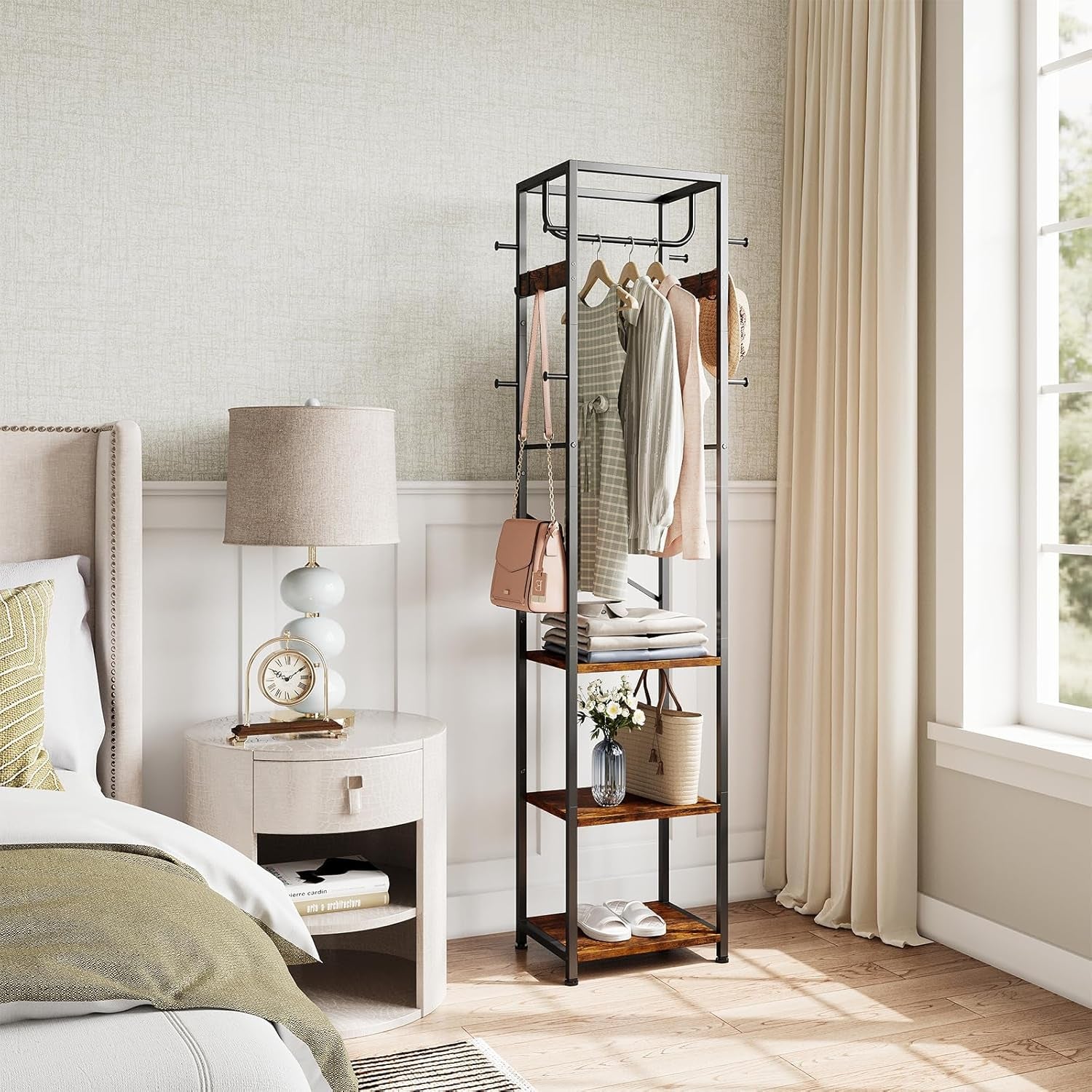 Coat Rack Freestanding, Hall Tree with 3 Storage Shelves and 12 Hooks, Industrial Clothes Rack Stand Organizer for Bedroom, Hallway, Entryway, Office, Living Room, Rustic Brown