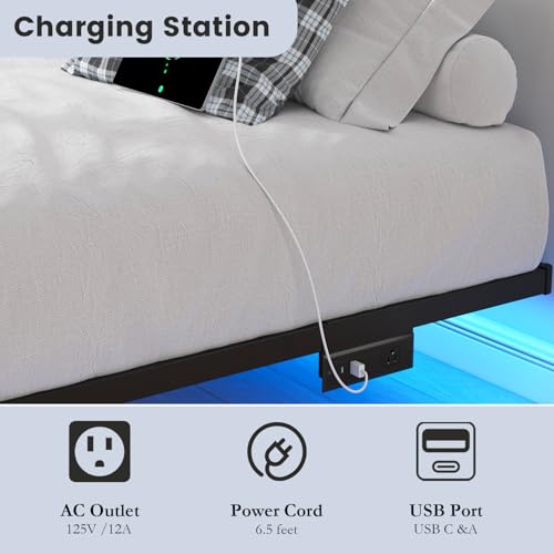 Floating Bed Frame with Charging Station, view 6