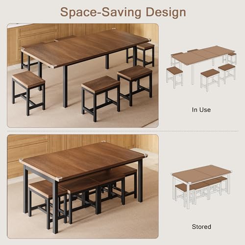 7-Piece Dining Table Set, 63" Extendable Kitchen Room Table with 6 Stools, Mid Century Modern Dinner Table with Metal Frame & MDF Board, Space-Saving, Easy Assembly, Walnut