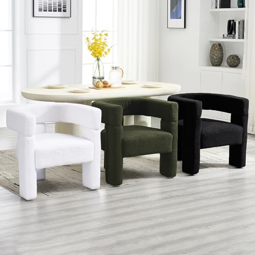 Boucle Sherpa Dining Chairs Set of 4, Comfy Upholstered Side Armchairs Barrel Side Chairs with 3 Legs, Mid Morden Century Dining Room Chairs for Bedroom,Kitchen,Dining,Living,Balcony,Reception, Green