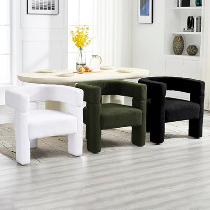 Boucle Sherpa Dining Chairs Set of 4, Comfy Upholstered Side Armchairs Barrel Side Chairs with 3 Legs, Mid Morden Century Dining Room Chairs for Bedroom,Kitchen,Dining,Living,Balcony,Reception, Green