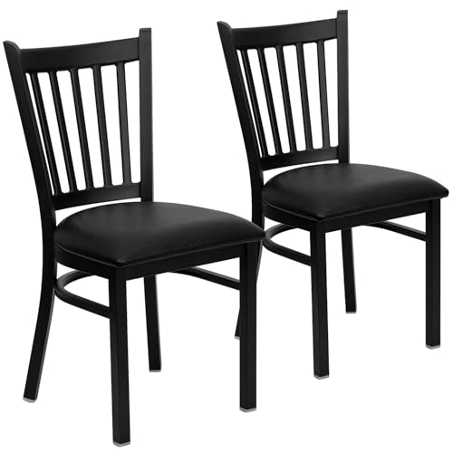 Hercules Series Vertical Back Metal Restaurant Chairs, Upholstered Armless Dining Chairs for Restaurants/Kitchens, Set of 2, Black